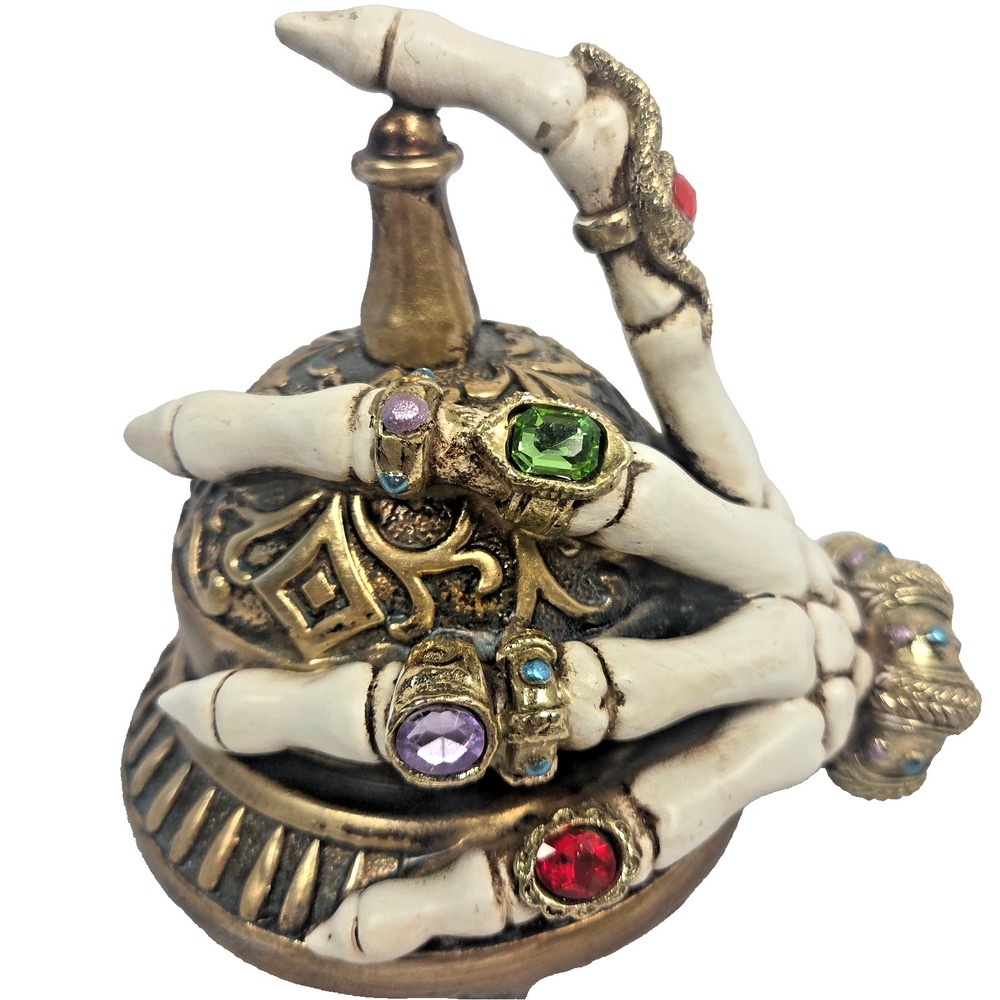 Noir Night Lighted Skeleton Hand Bell Halloween Decor Gothic Jeweled Sound 7 In
